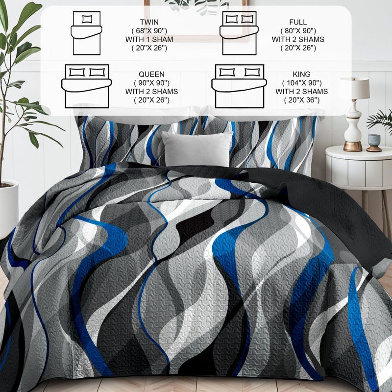 weesire Classic Line Pattern Bedding Quilt King Size Modern Grey Blue and White Stripe Quilt with 2 Shams  Gray and Blue Comforter Sets Lightweight Breathable Bedspreads Coverlet  96''x106'' - Image 3